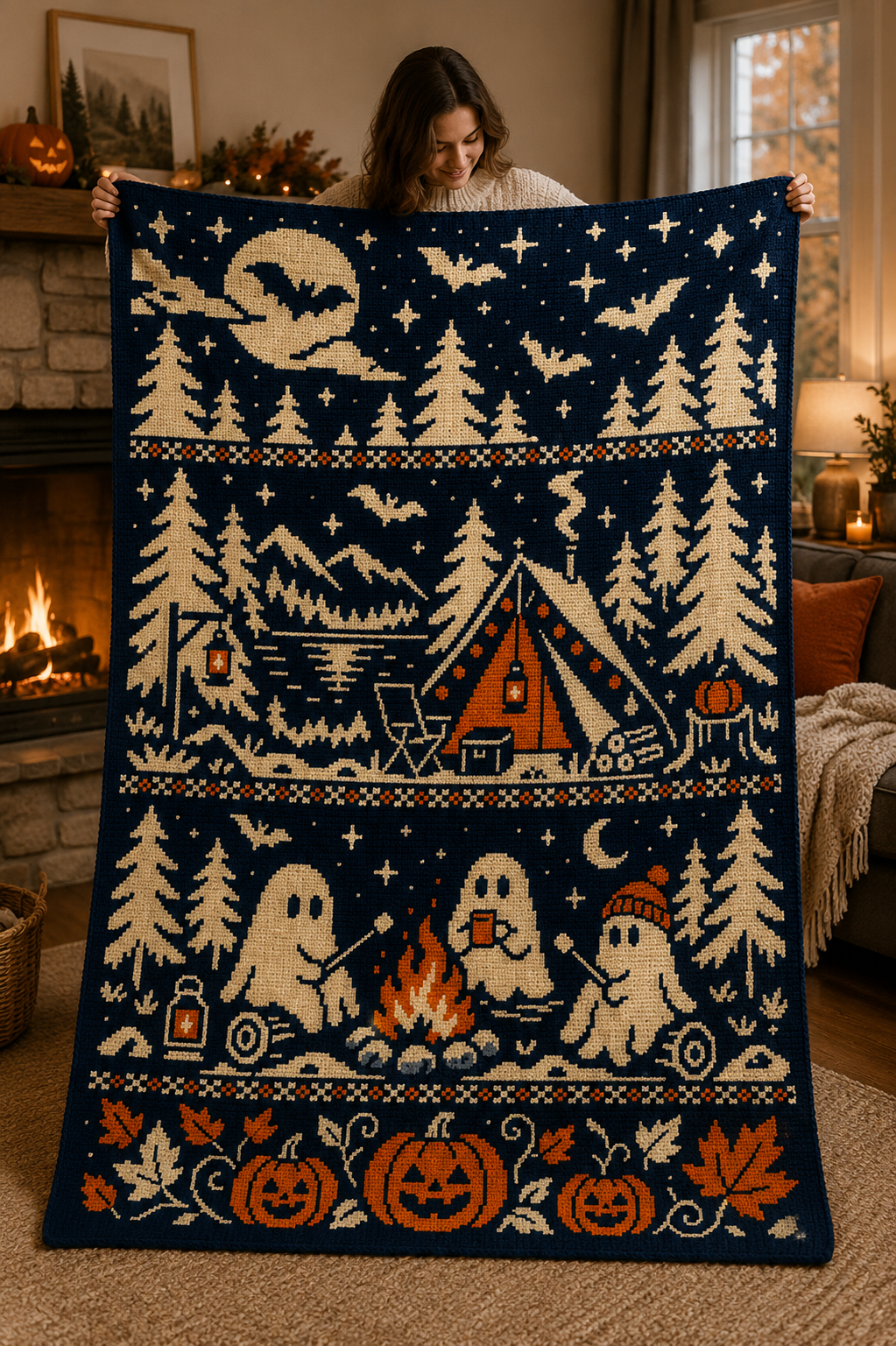 Halloween Campfire Ghosts C2C Crochet Mosaic Pattern-Digital Download