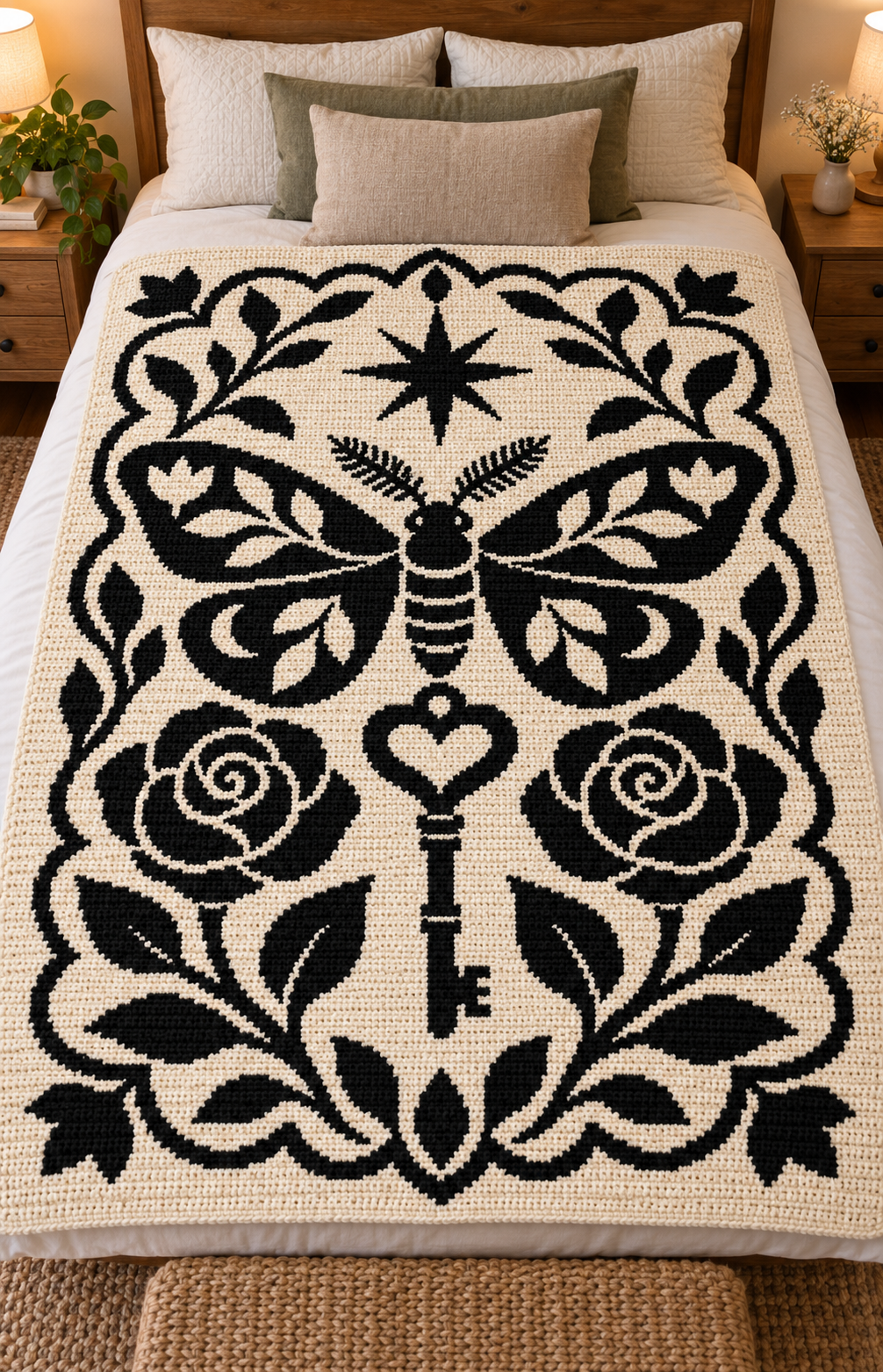Moth Rose Heart Key C2C Crochet Mosaic Pattern-Digital Download
