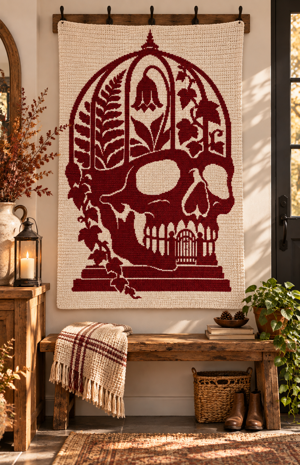 Botanical Skull Conservatory C2C Crochet Mosaic Pattern-Digital Download