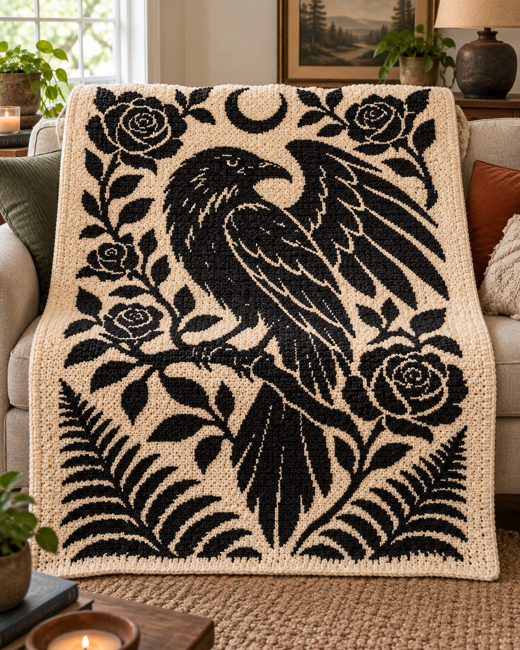 Raven and Roses C2C Crochet Mosaic Pattern-Digital Download