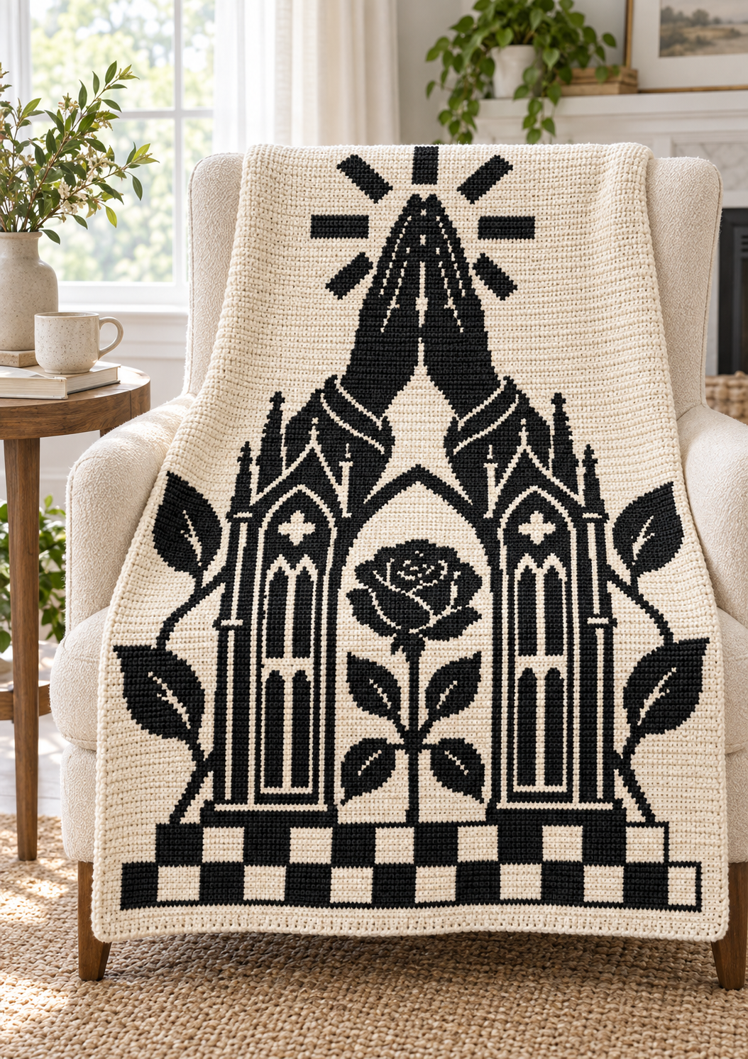 Praying Hands Gothic Rose C2C Crochet Mosaic Pattern-Digital Download