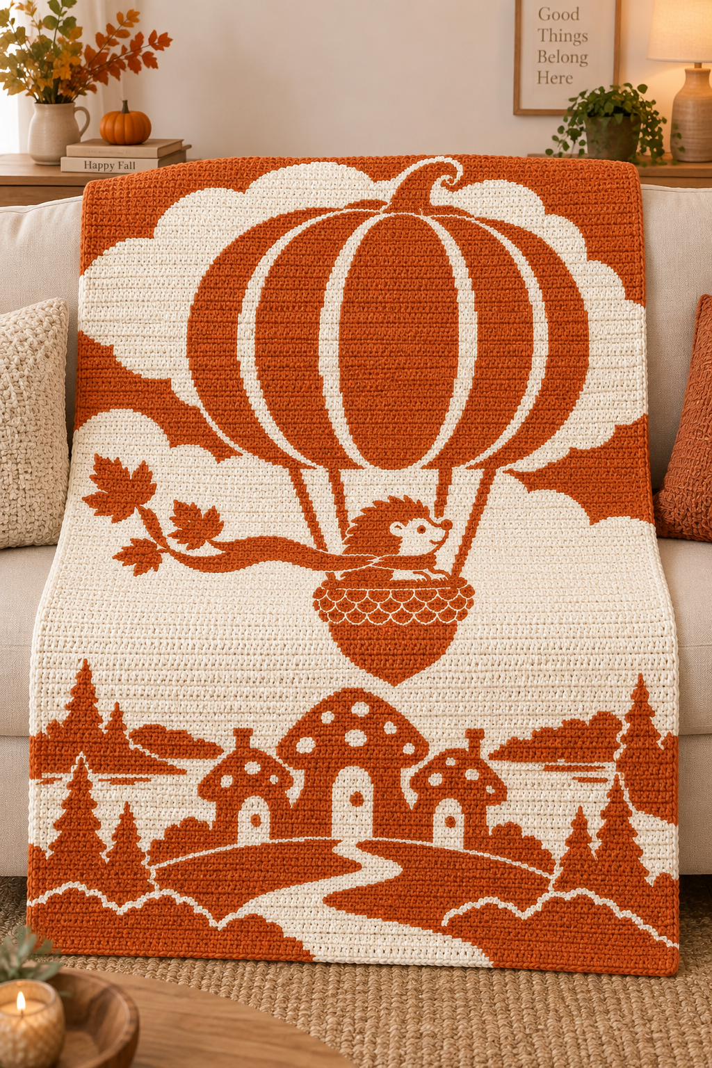 Hedgehog Pumpkin Balloon C2C Crochet Mosaic Pattern-Digital Download