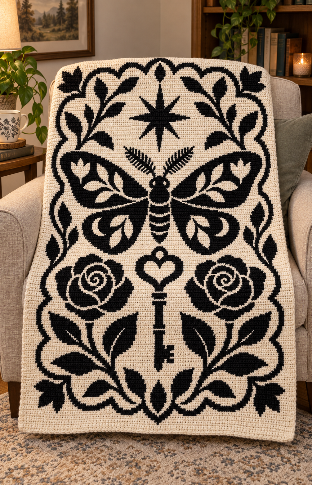 Moth Rose Heart Key C2C Crochet Mosaic Pattern-Digital Download