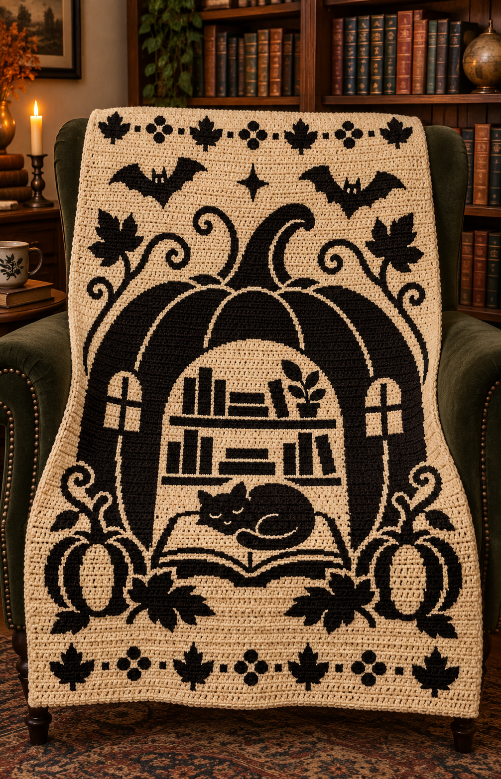 Halloween Library Cat C2C Crochet Mosaic Pattern-Digital Download