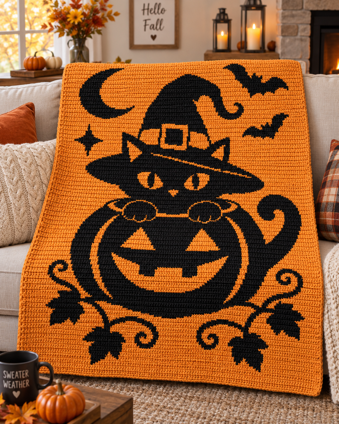Pumpkin Witch Cat C2C Crochet Pattern-Digital Download