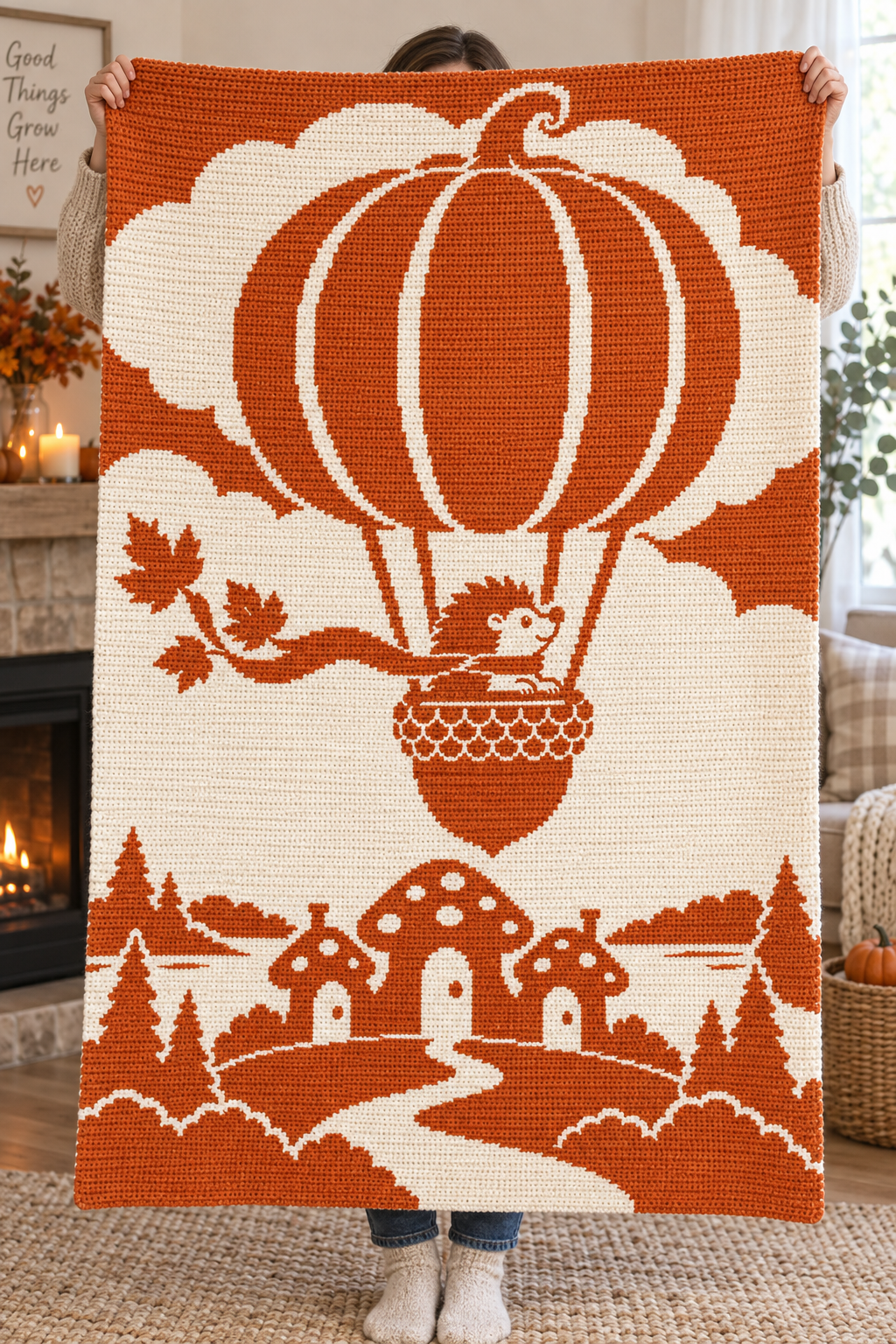 Hedgehog Pumpkin Balloon C2C Crochet Mosaic Pattern-Digital Download