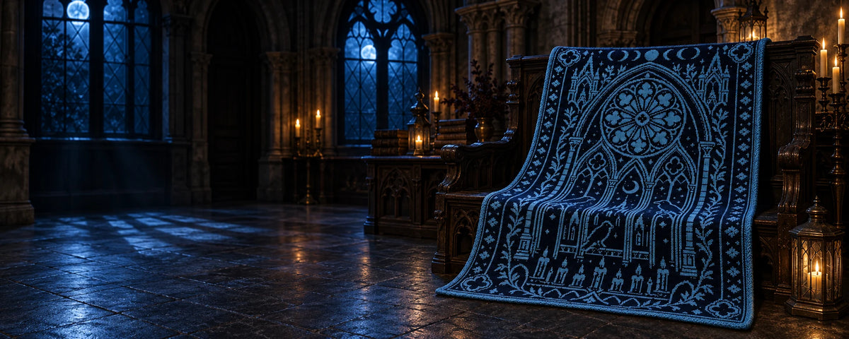 Gothic and Celestial crochet PDF patterns hero with Gothic Cathedral blanket