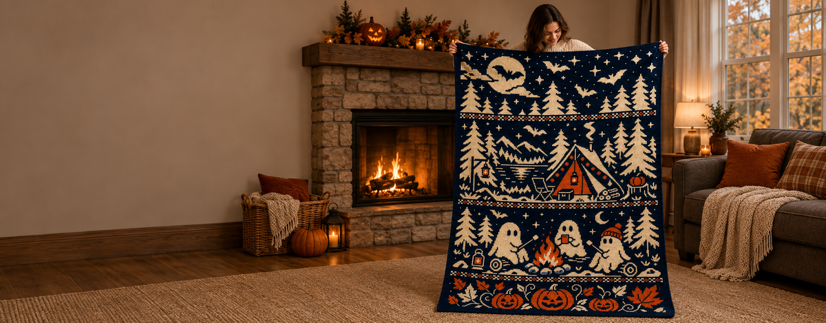 A crocheter holding a Halloween camping blanket in a warm room