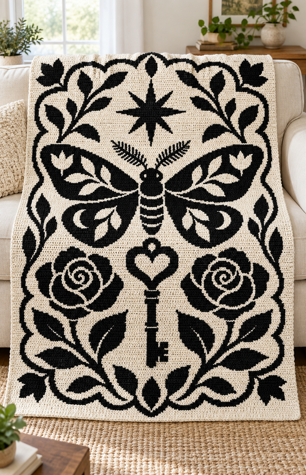 Moth Rose Heart Key C2C Crochet Mosaic Pattern-Digital Download