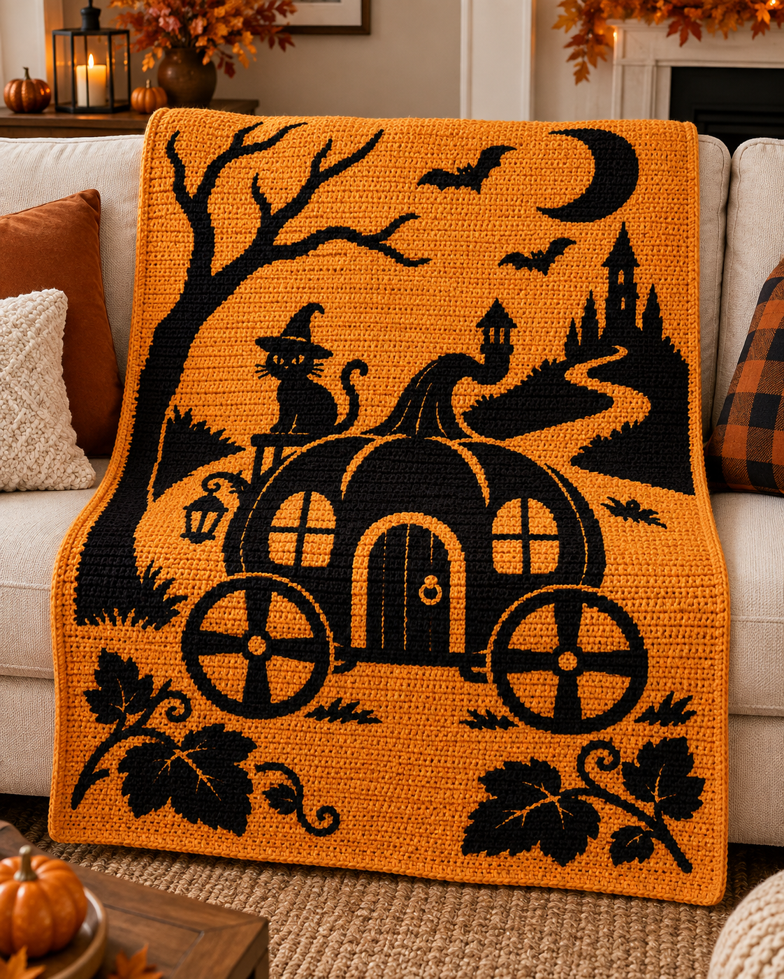 Halloween Carriage Cat C2C Crochet Mosaic Pattern-Digital Download