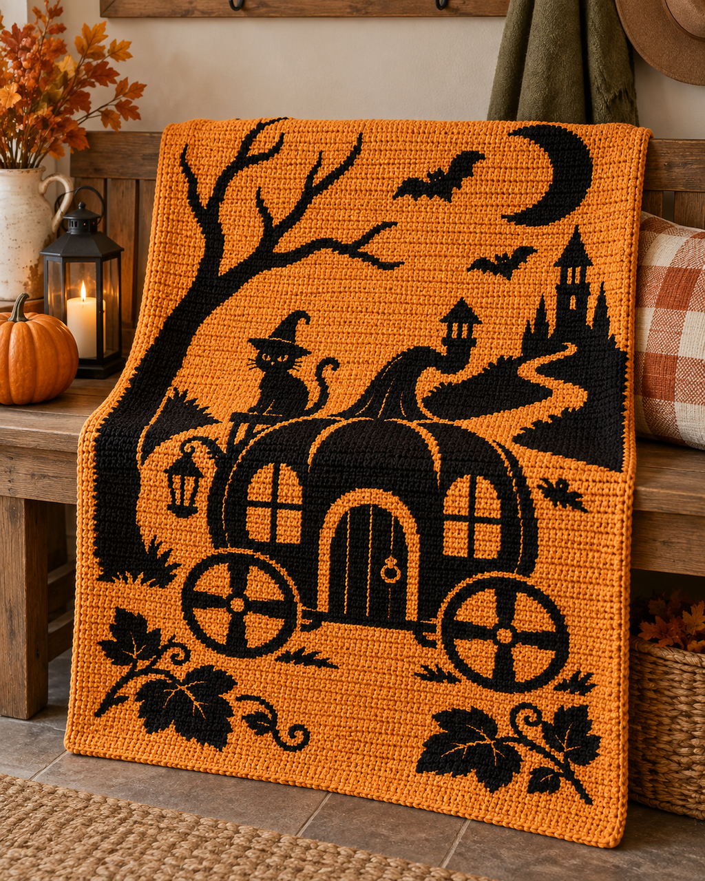 Halloween Carriage Cat C2C Crochet Mosaic Pattern-Digital Download
