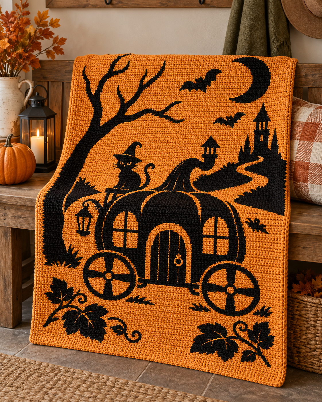 Halloween Carriage Cat C2C Crochet Mosaic Pattern-Digital Download