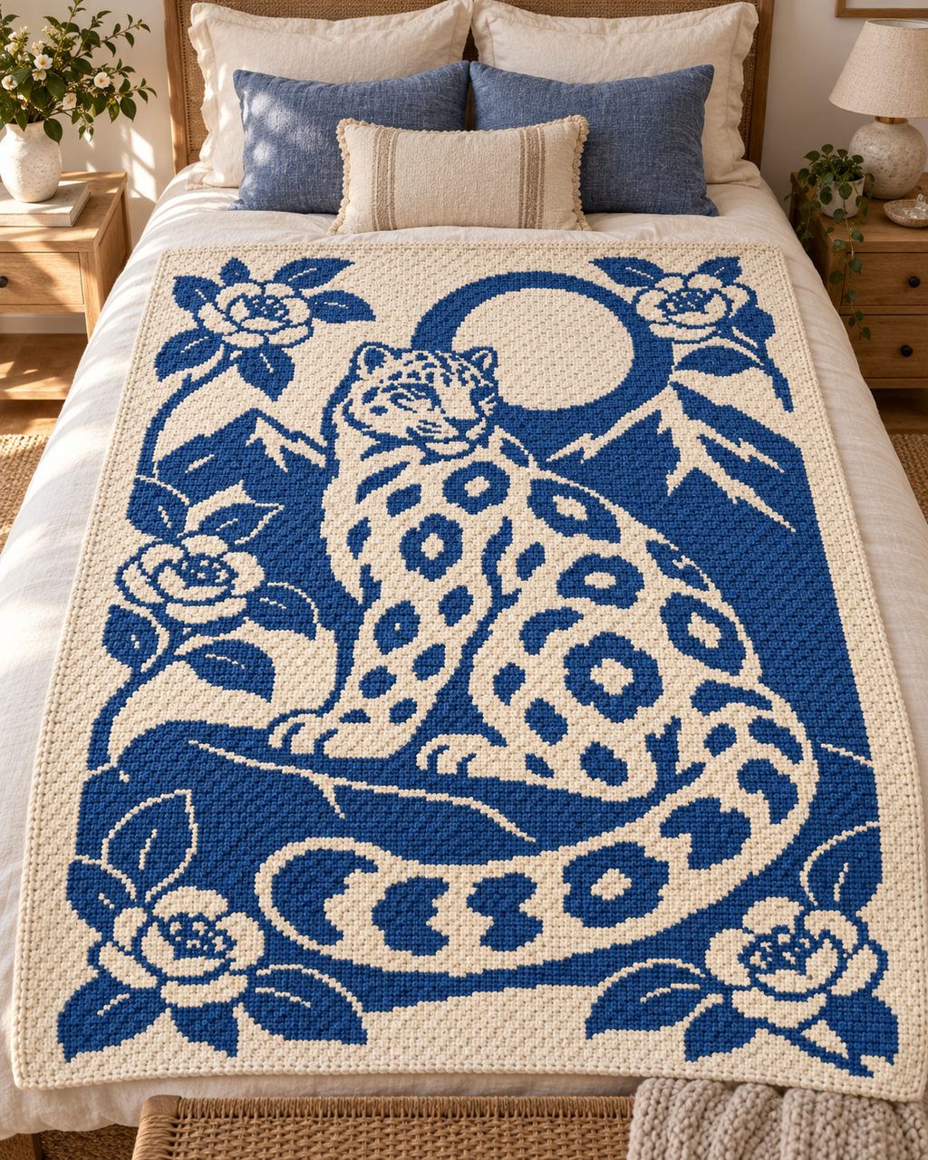 Snow Leopard Moon C2C Crochet Mosaic Pattern-Digital Download