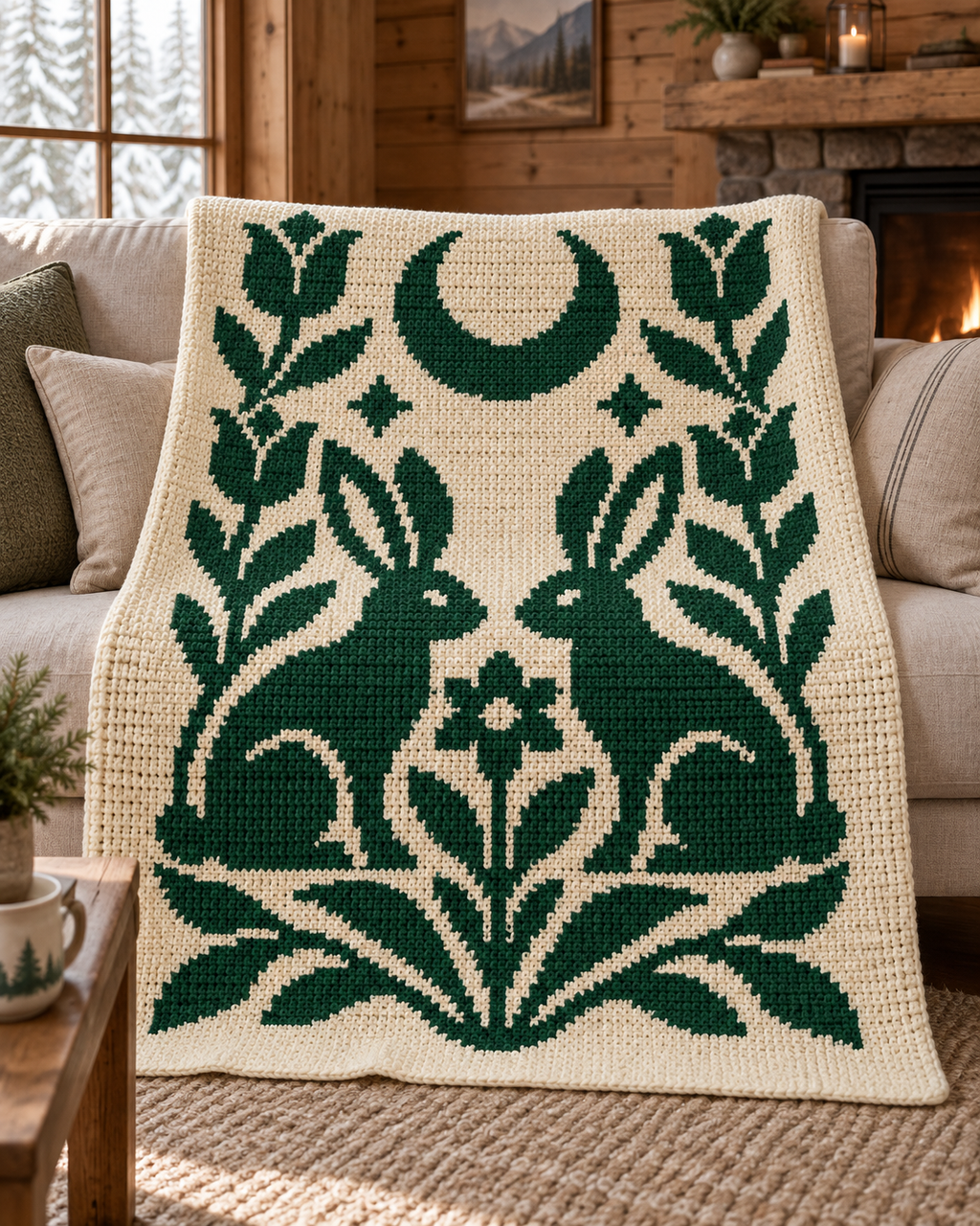 Twin Rabbits Moon C2C Crochet Mosaic Pattern-Digital Download