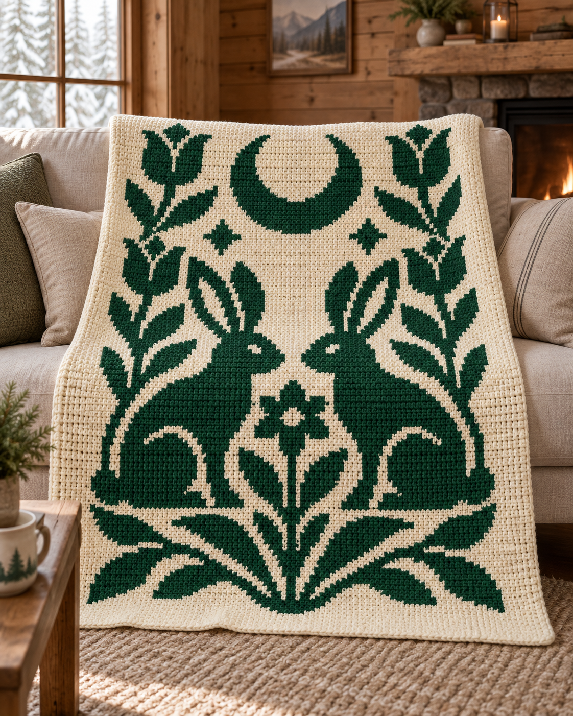 Twin Rabbits Moon C2C Crochet Mosaic Pattern-Digital Download