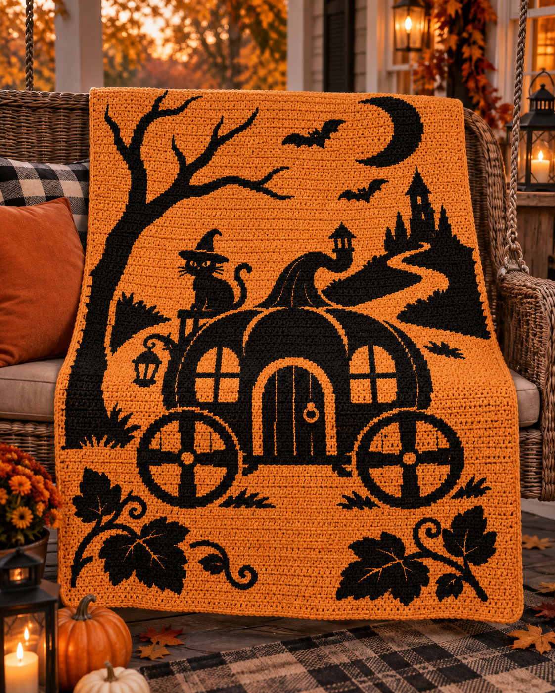 Halloween Carriage Cat C2C Crochet Mosaic Pattern-Digital Download