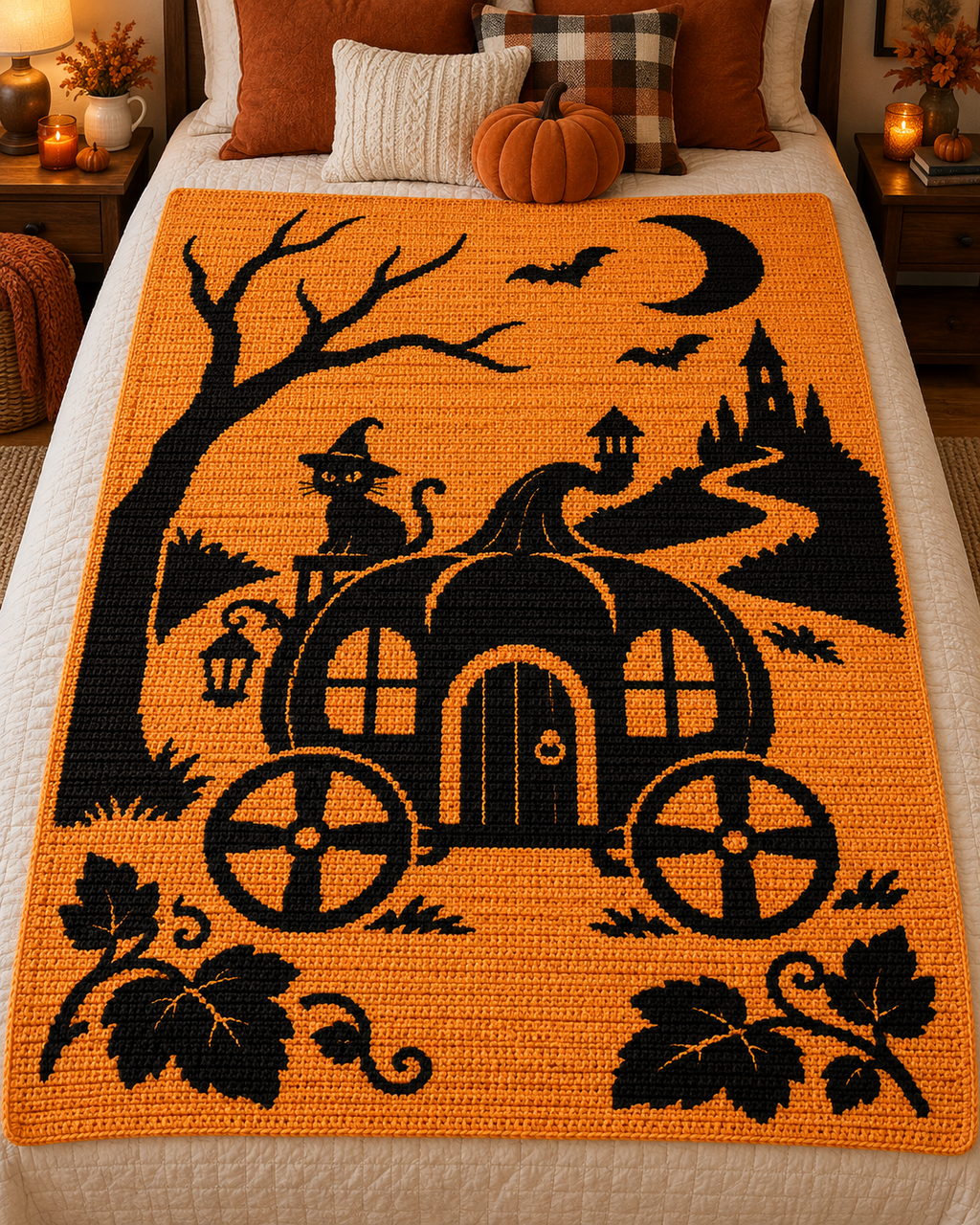 Halloween Carriage Cat C2C Crochet Mosaic Pattern-Digital Download