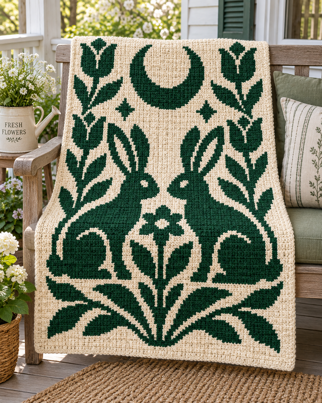 Twin Rabbits Moon C2C Crochet Mosaic Pattern-Digital Download