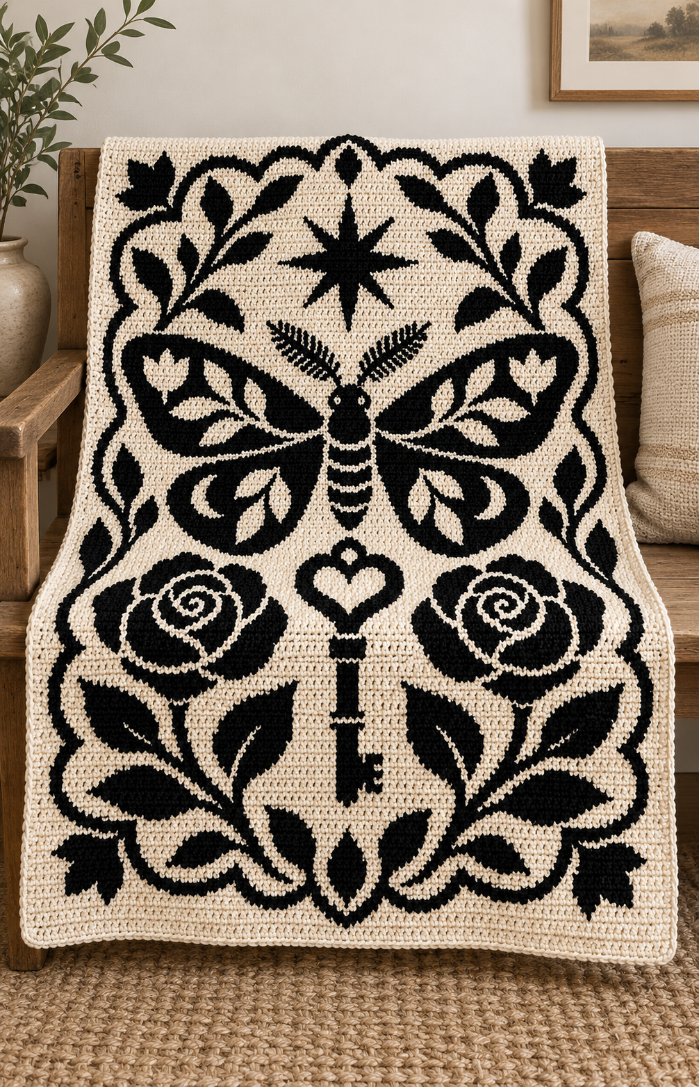 Moth Rose Heart Key C2C Crochet Mosaic Pattern-Digital Download