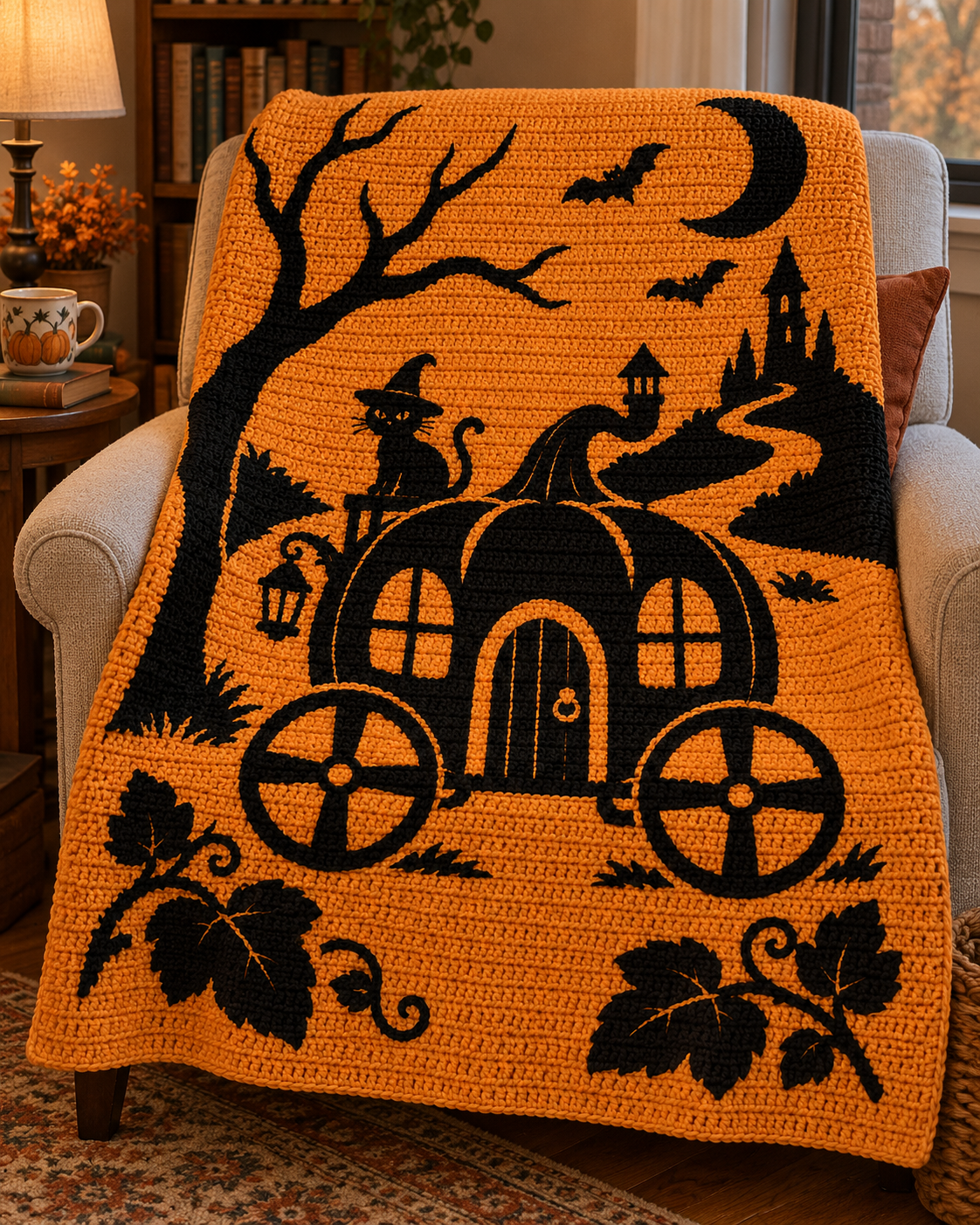 Halloween Carriage Cat C2C Crochet Mosaic Pattern-Digital Download
