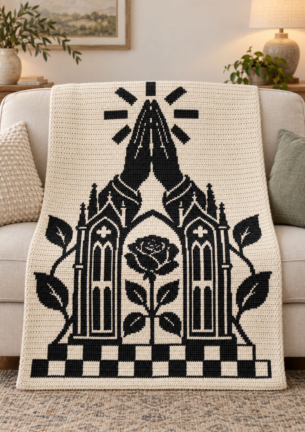 Praying Hands Gothic Rose C2C Crochet Mosaic Pattern-Digital Download