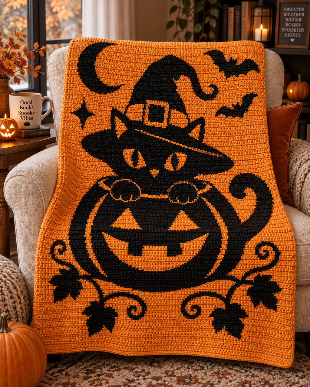 Pumpkin Witch Cat C2C Crochet Pattern-Digital Download