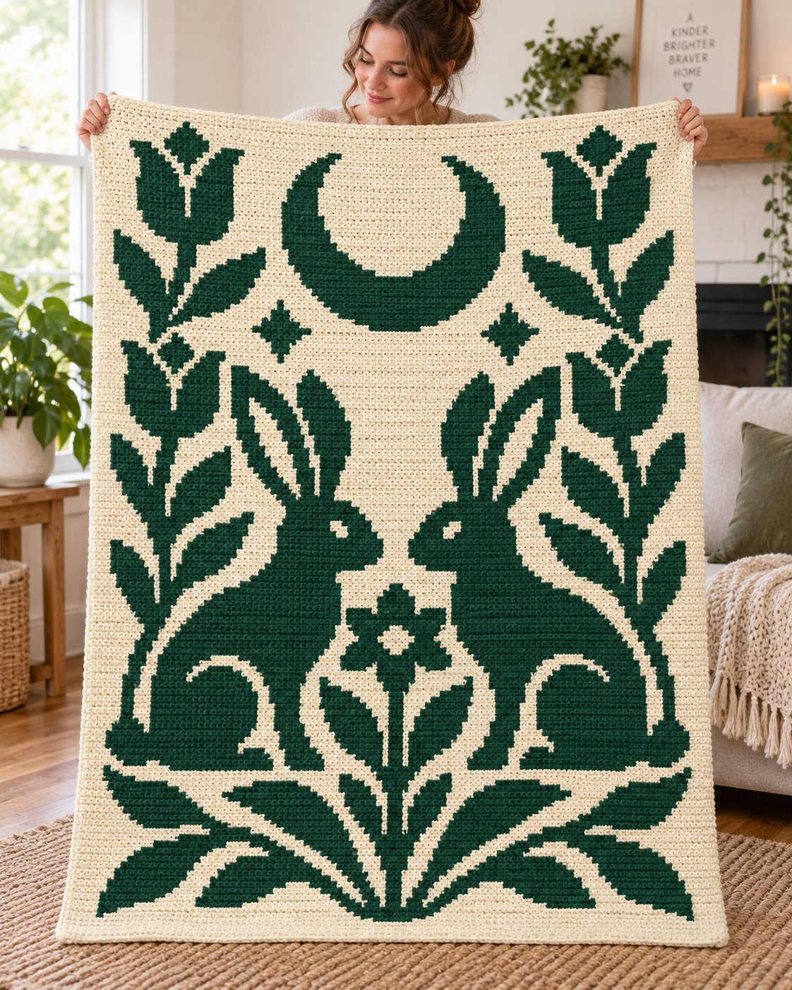 Twin Rabbits Moon C2C Crochet Mosaic Pattern-Digital Download