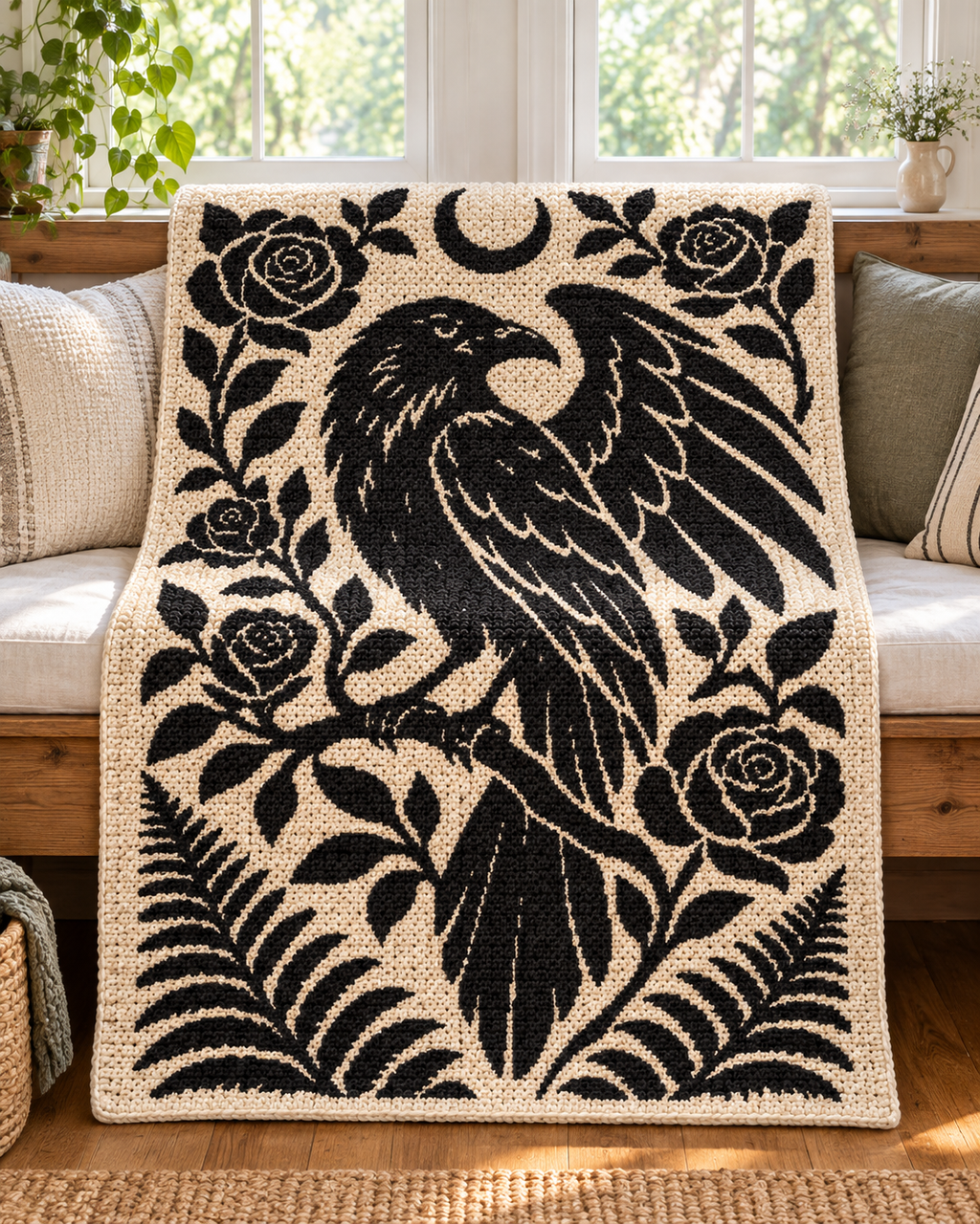 Raven and Roses C2C Crochet Mosaic Pattern-Digital Download