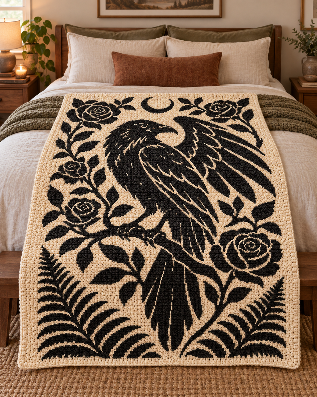 Raven and Roses C2C Crochet Mosaic Pattern-Digital Download