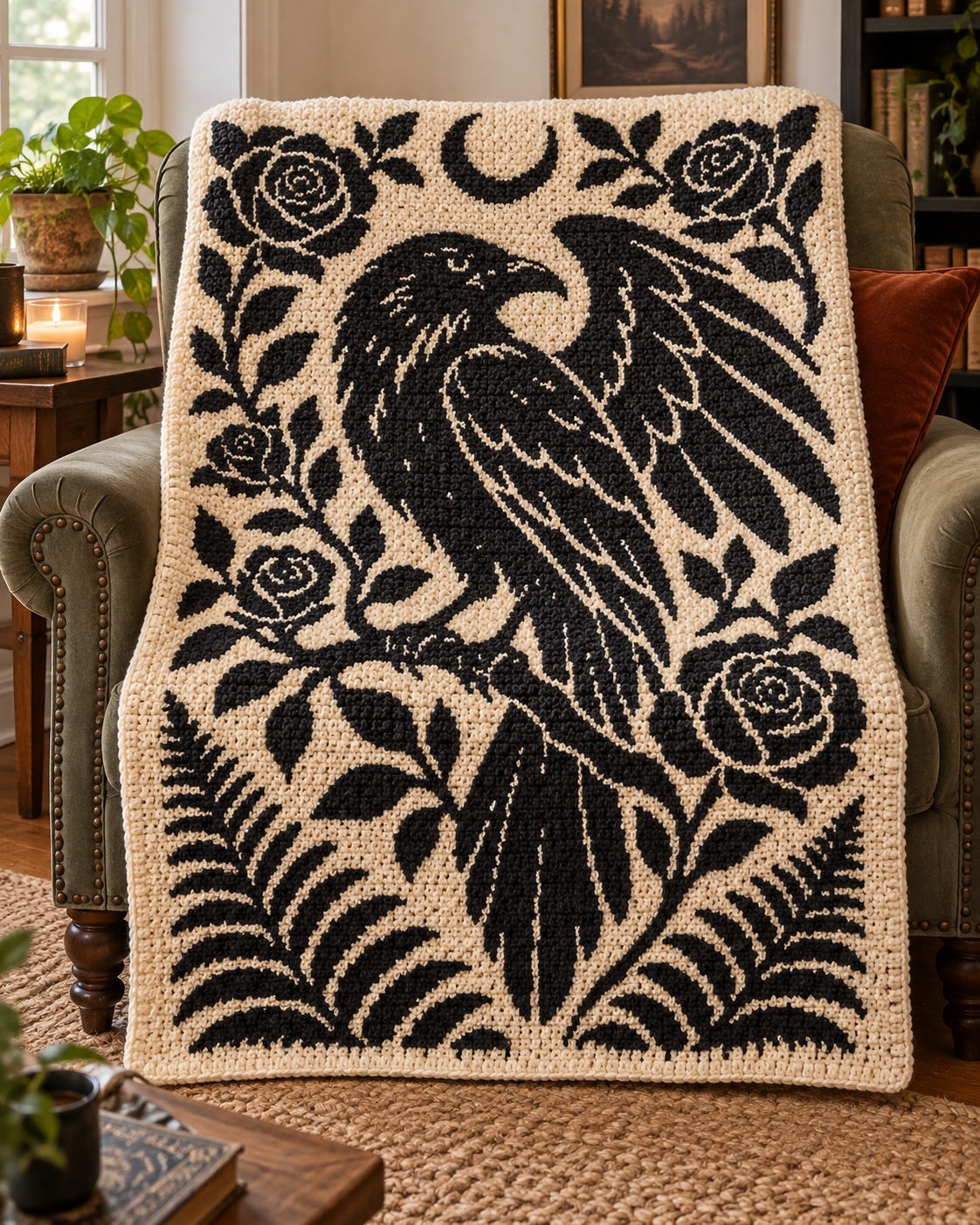 Raven and Roses C2C Crochet Mosaic Pattern-Digital Download