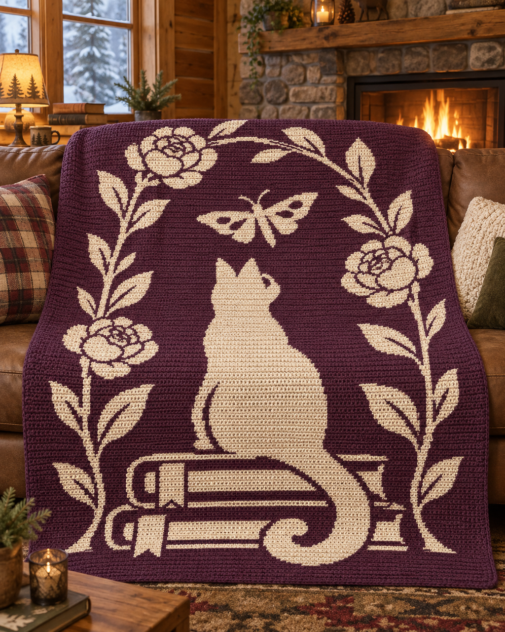 Cat Butterfly Book Arch C2C Crochet Mosaic Pattern-Digital Download