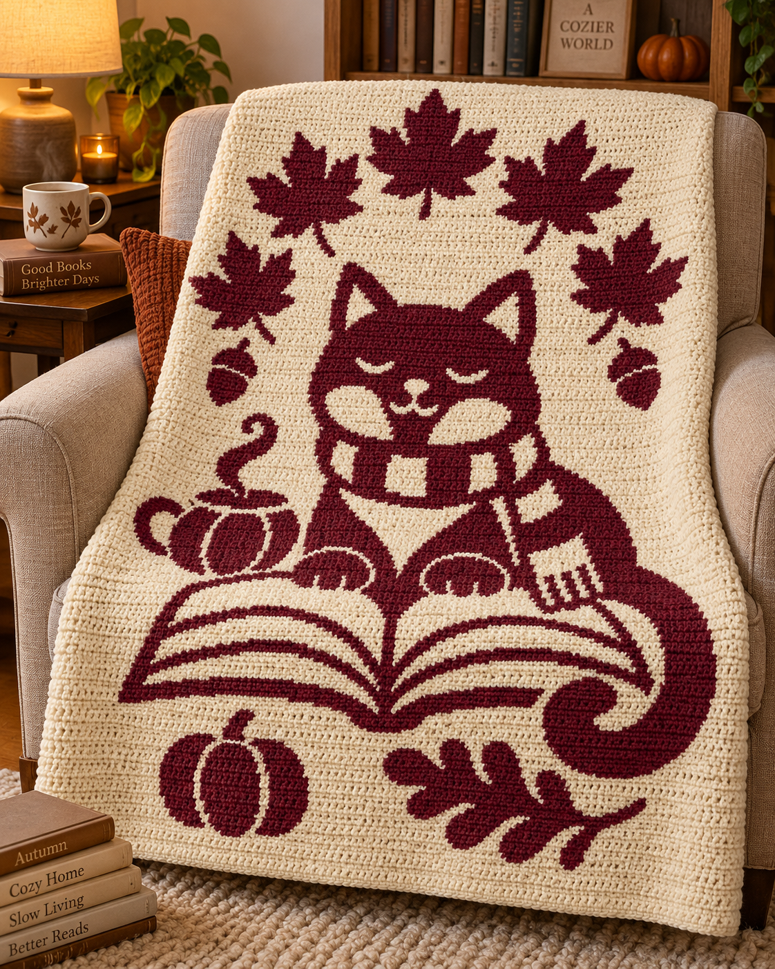Reading Cat Autumn C2C Crochet Mosaic Pattern-Digital Download
