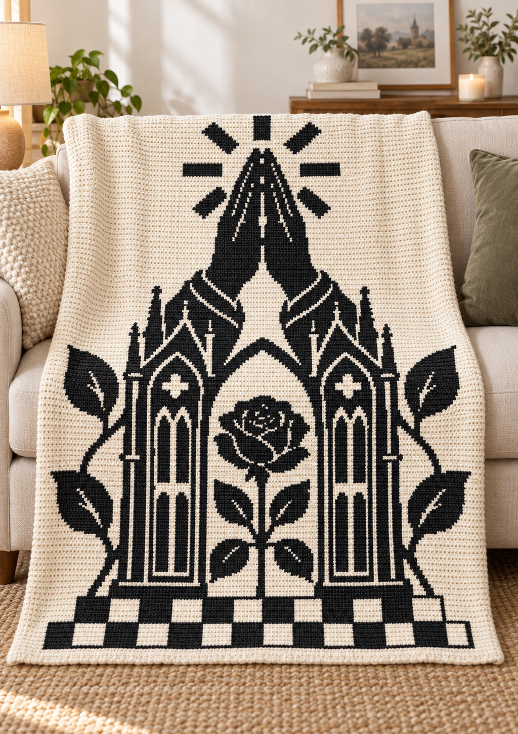 Praying Hands Gothic Rose C2C Crochet Mosaic Pattern-Digital Download