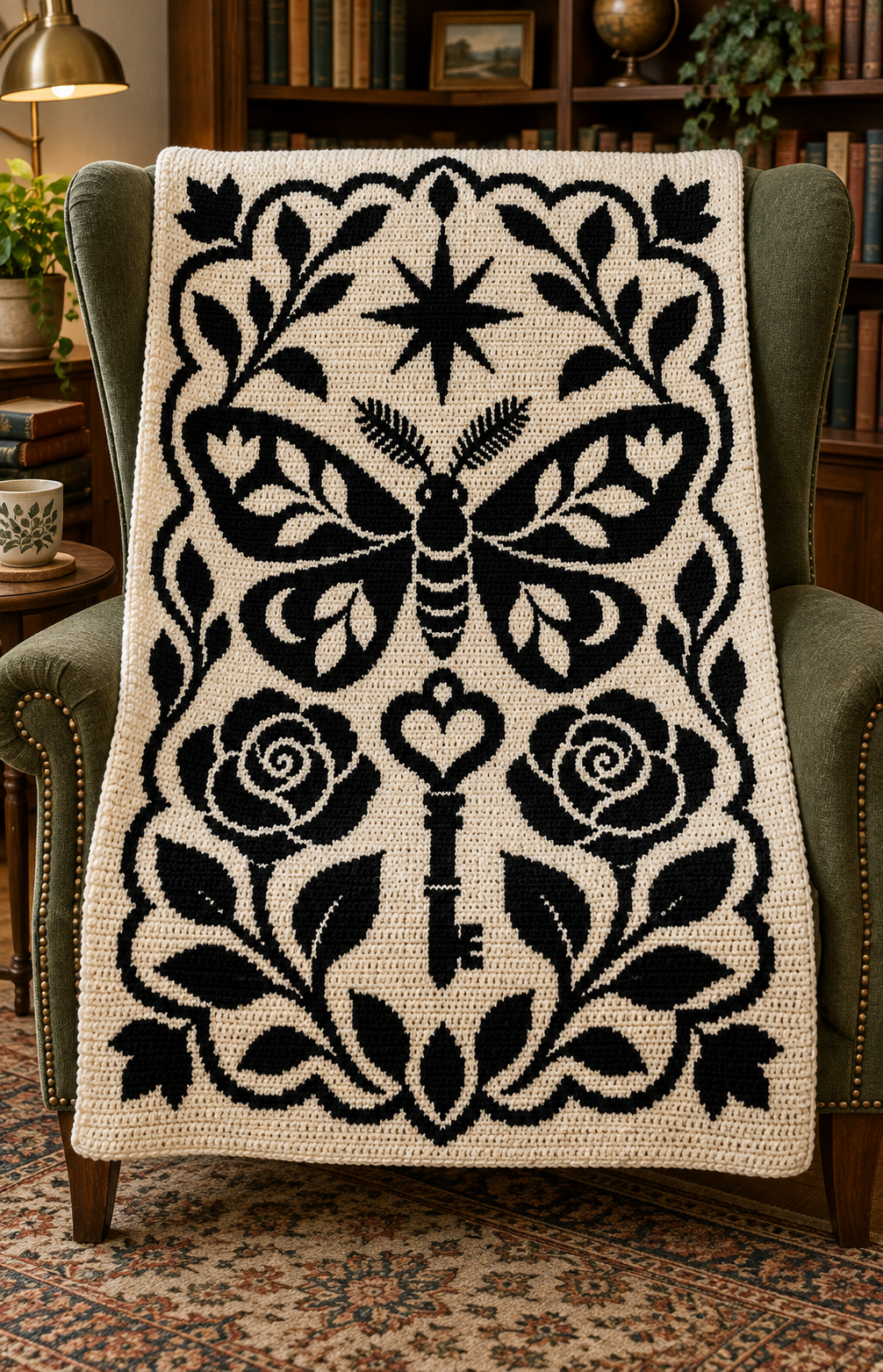 Moth Rose Heart Key C2C Crochet Mosaic Pattern-Digital Download