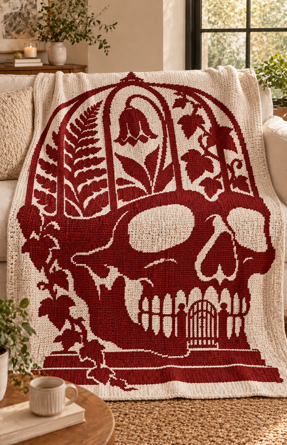 Botanical Skull Conservatory C2C Crochet Mosaic Pattern-Digital Download