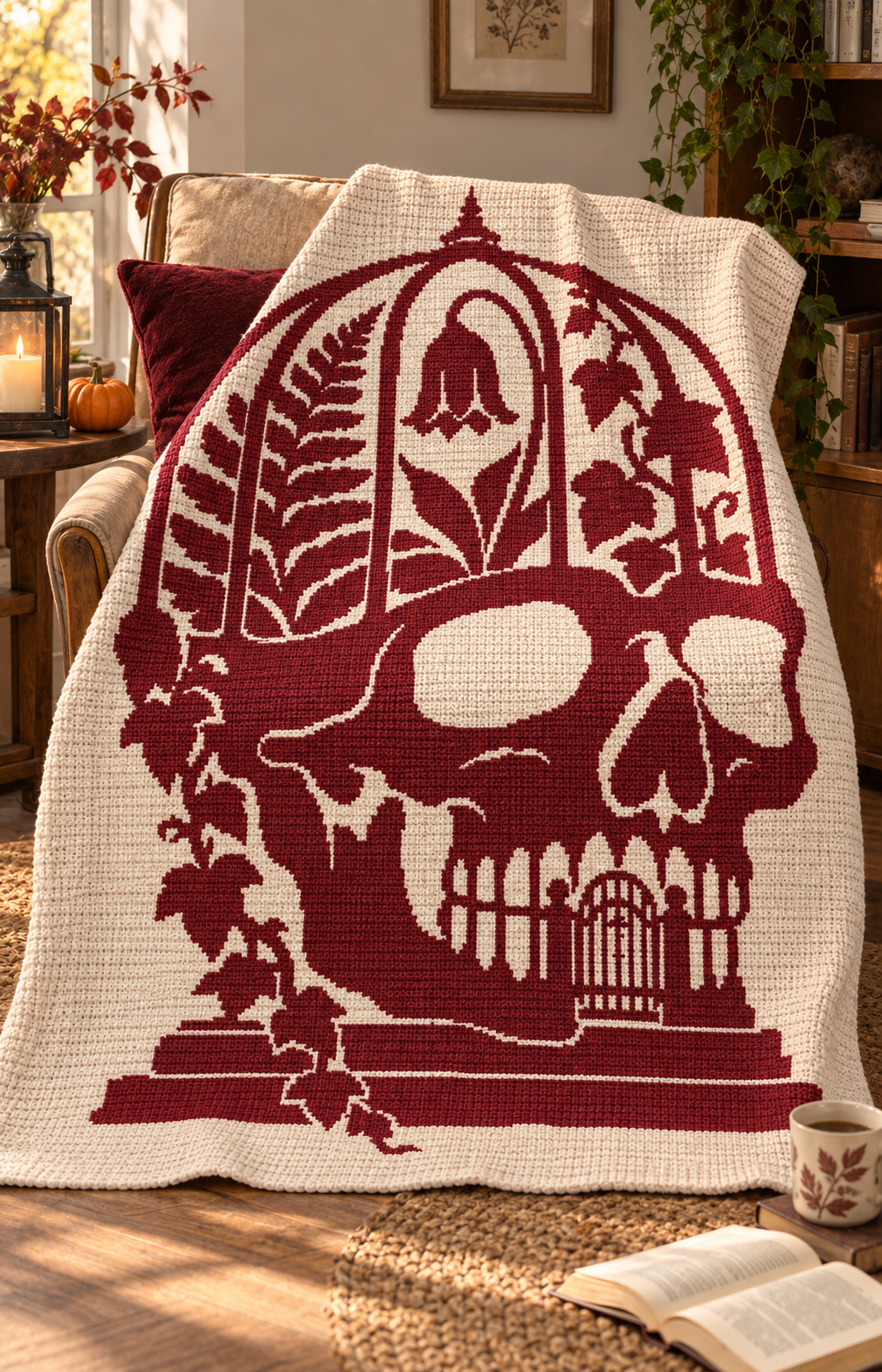 Botanical Skull Conservatory C2C Crochet Mosaic Pattern-Digital Download