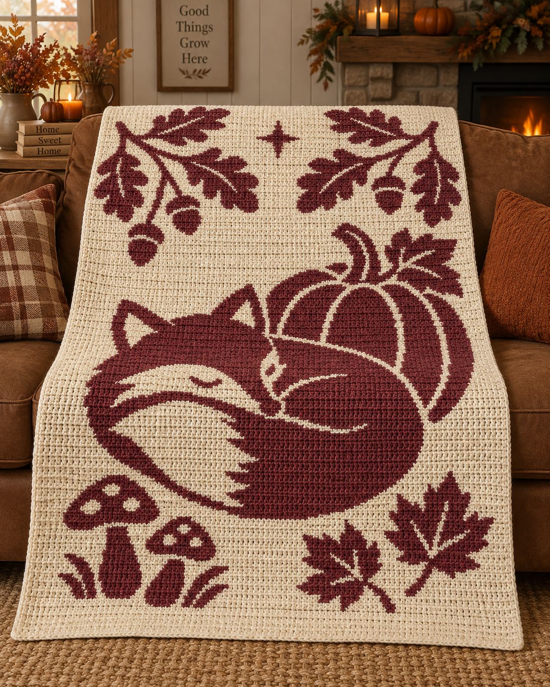 Sleeping Fox Autumn C2C Crochet Mosaic Pattern-Digital Download