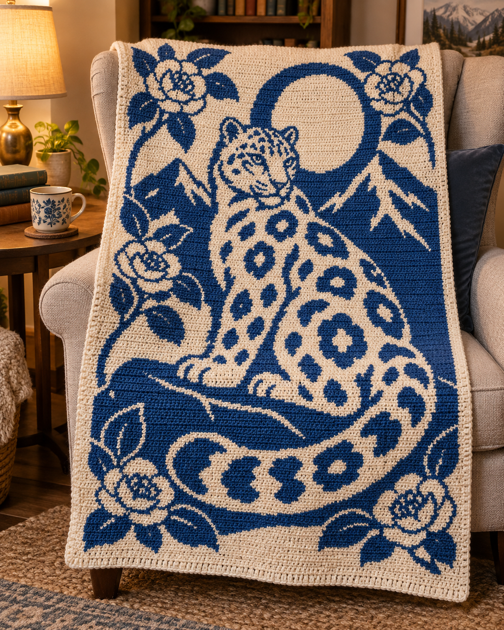 Snow Leopard Moon C2C Crochet Mosaic Pattern-Digital Download