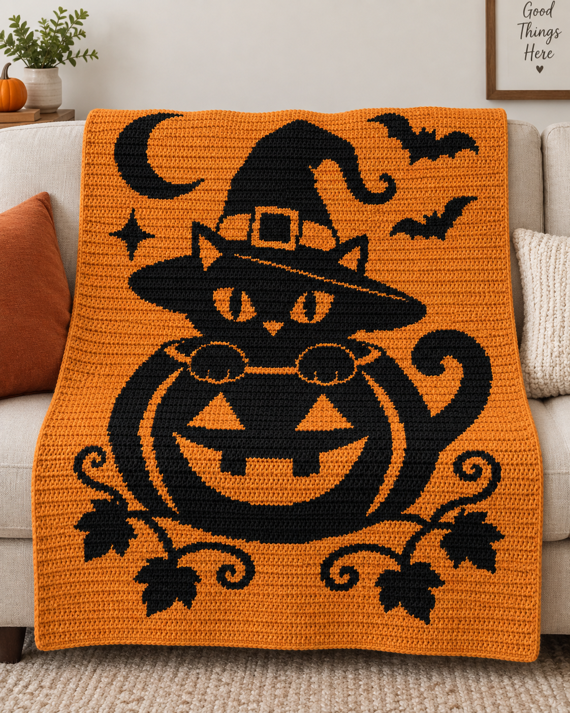 Pumpkin Witch Cat C2C Crochet Pattern-Digital Download