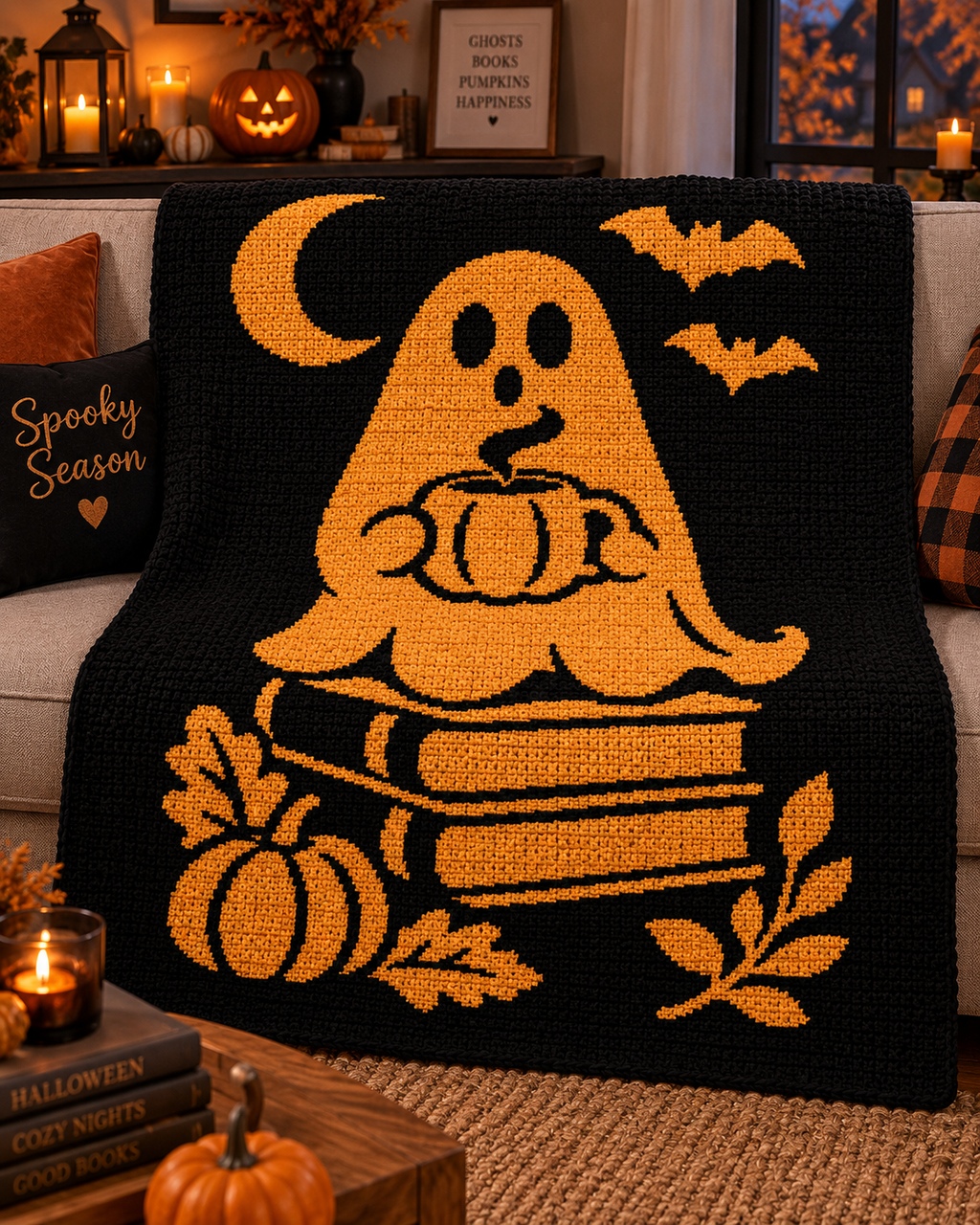 Ghost Pumpkin Halloween C2C Crochet Mosaic Pattern-Digital Download