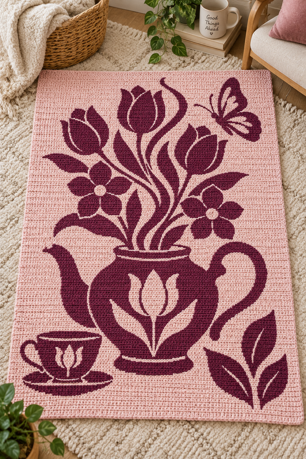 Tulip Teapot Butterfly C2C Crochet Mosaic Pattern-Digital Download