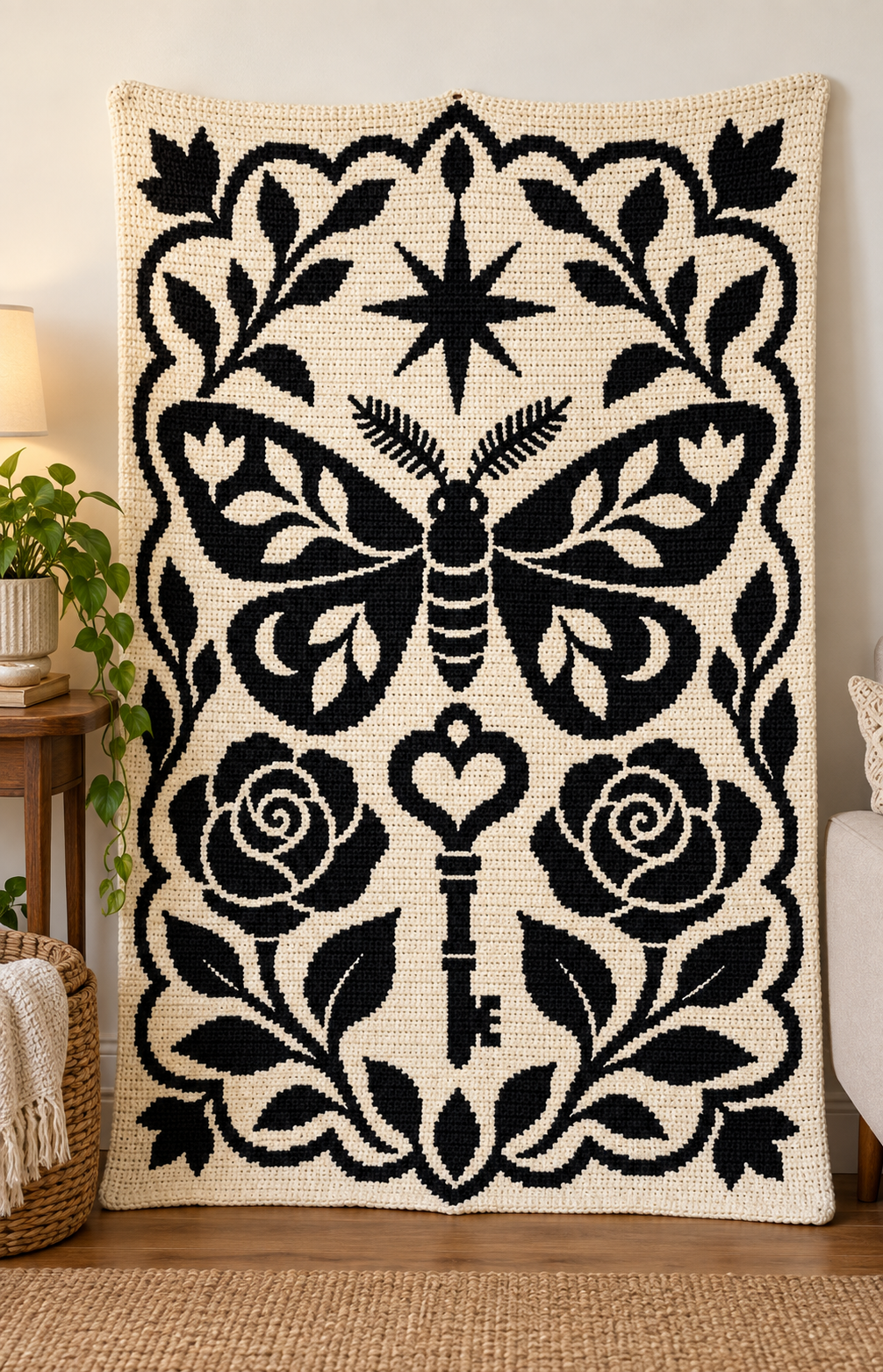 Moth Rose Heart Key C2C Crochet Mosaic Pattern-Digital Download