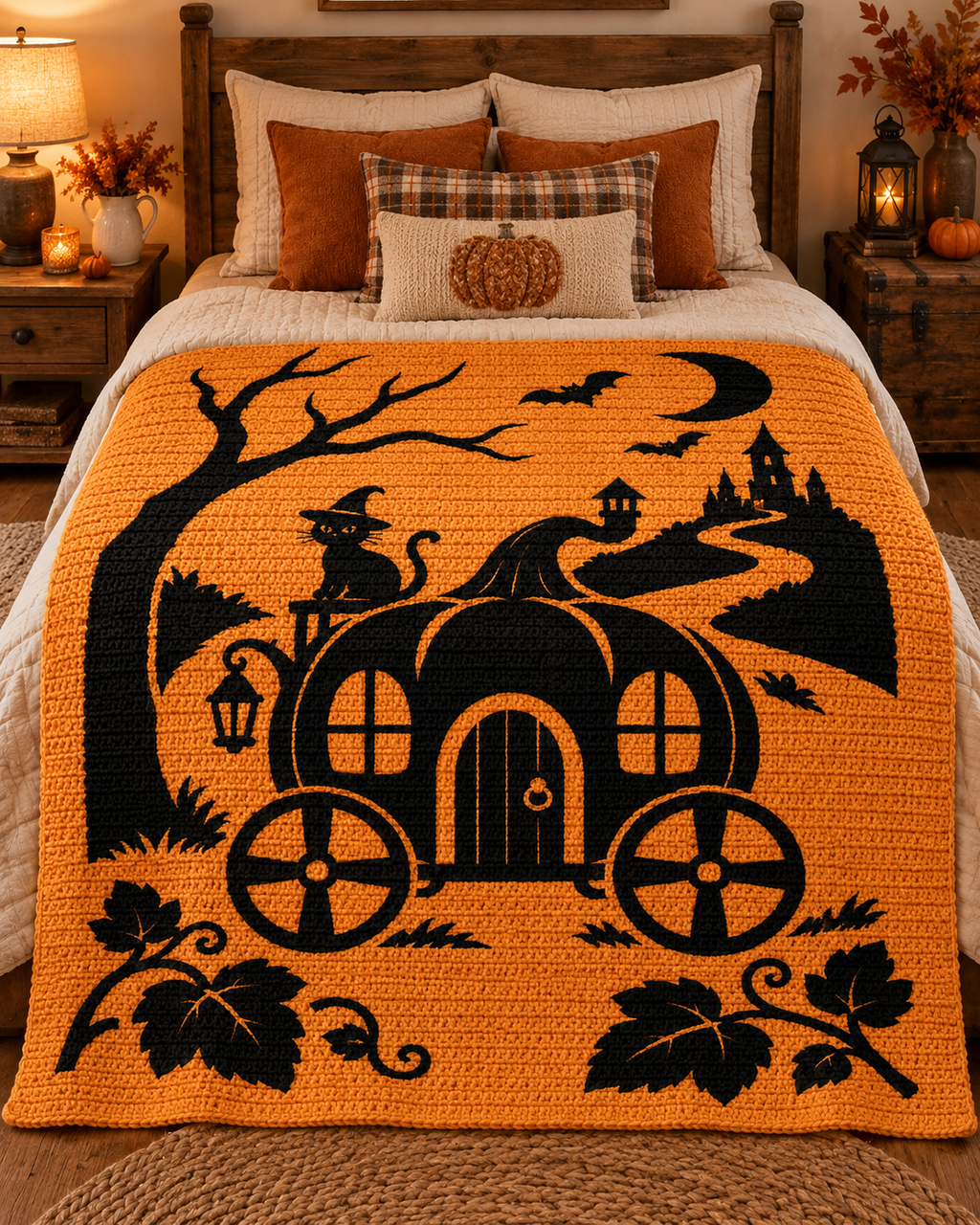 Halloween Carriage Cat C2C Crochet Mosaic Pattern-Digital Download