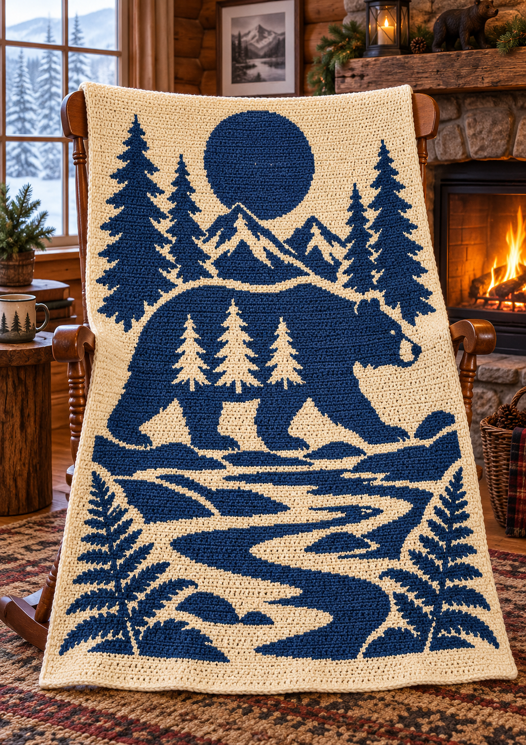 Bear Moon Mountains C2C Crochet Mosaic Pattern-Digital Download