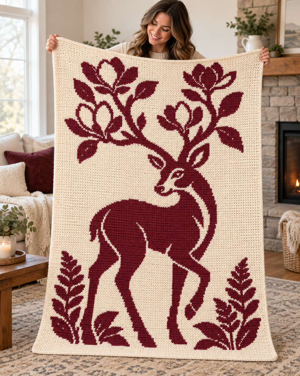 Flowering Antler Deer C2C Crochet Mosaic Pattern-Digital Download